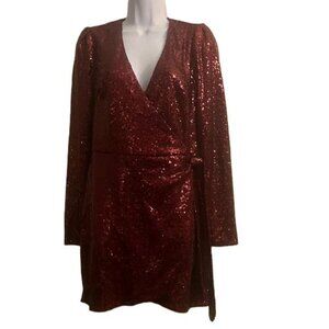 JUSTFAB Red Sequin Wrap Dress Long Sleeve V Neck Party Occasion Size S‎